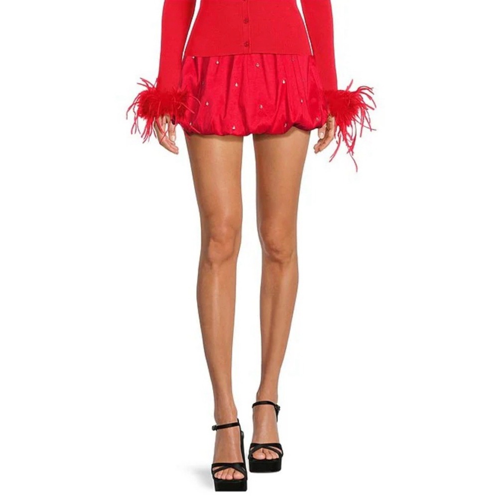 NWT New Gianni Bini Red Nadia Rhinestone Taffeta Bubble Mini Skirt L Large